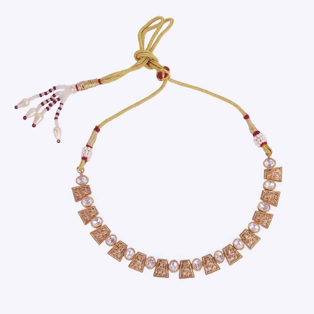 Elegant Rajwadi Gold Plated Choker Necklace Set With Maangtikka For Women And Girls : 15HS85-Gold