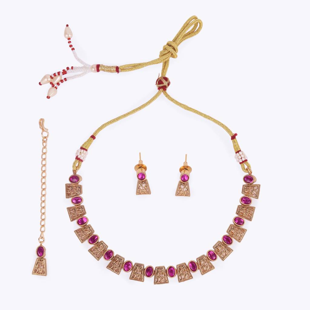 Elegant Rajwadi Gold Plated Choker Necklace Set With Maangtikka For Women And Girls : 15HS85-Pink