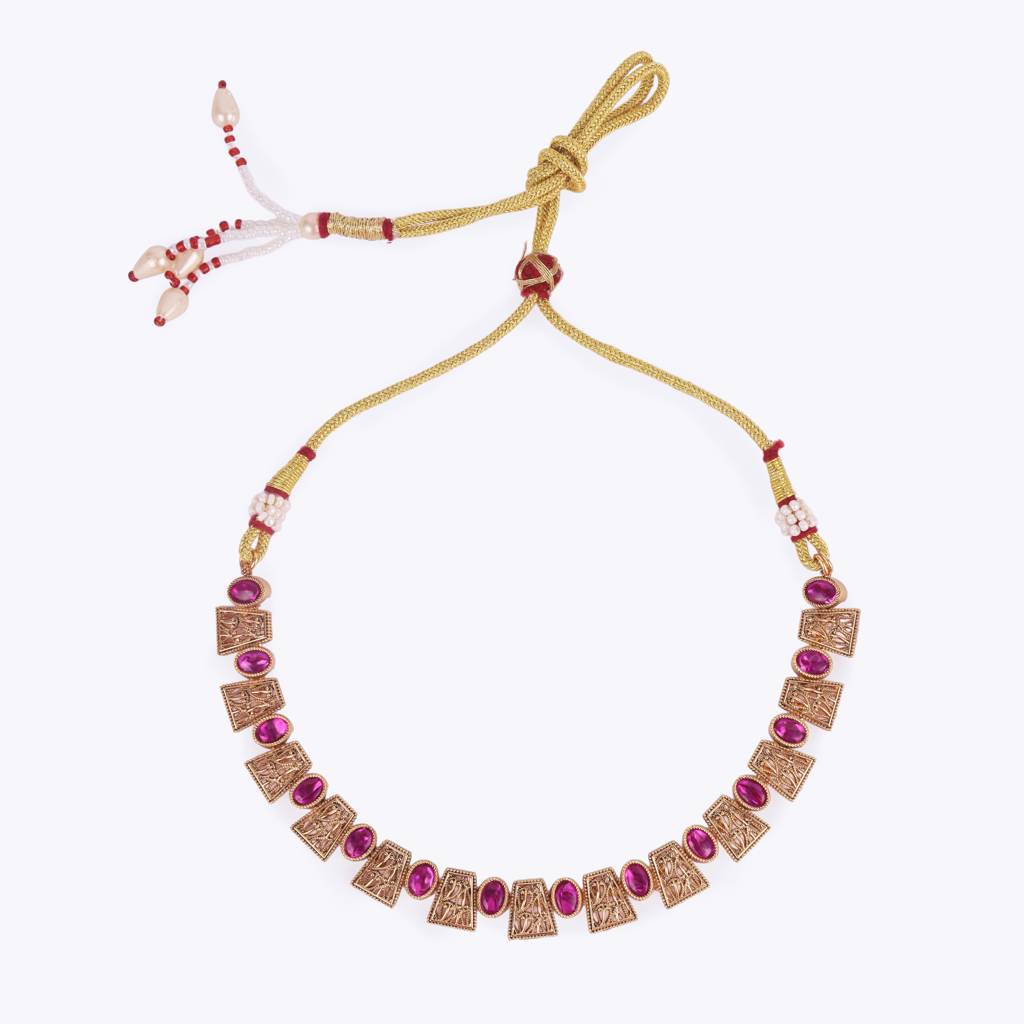 Elegant Rajwadi Gold Plated Choker Necklace Set With Maangtikka For Women And Girls : 15HS85-Pink
