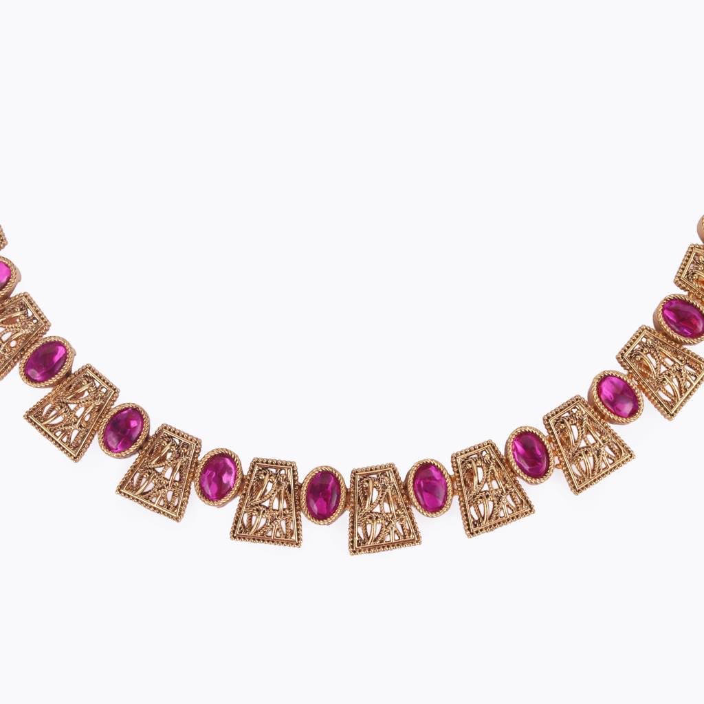 Elegant Rajwadi Gold Plated Choker Necklace Set With Maangtikka For Women And Girls : 15HS85-Pink