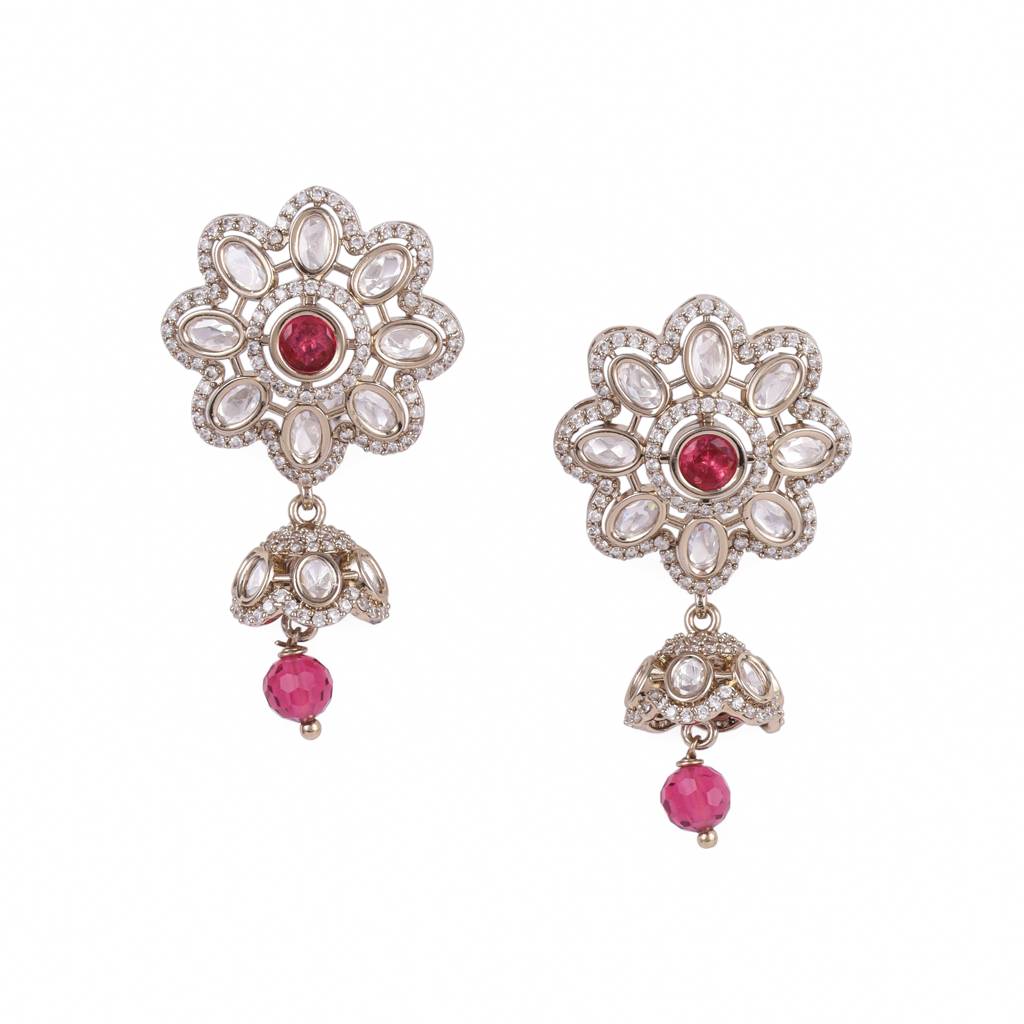 Classy Flower Design Gold Plated Dangle Earring For Women And Girls : 15JE43-Pink