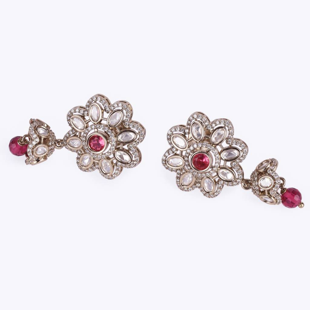 Classy Flower Design Gold Plated Dangle Earring For Women And Girls : 15JE43-Pink