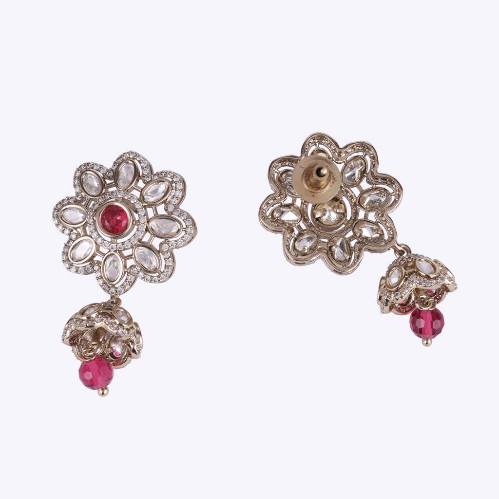 Classy Flower Design Gold Plated Dangle Earring For Women And Girls : 15JE43-Pink