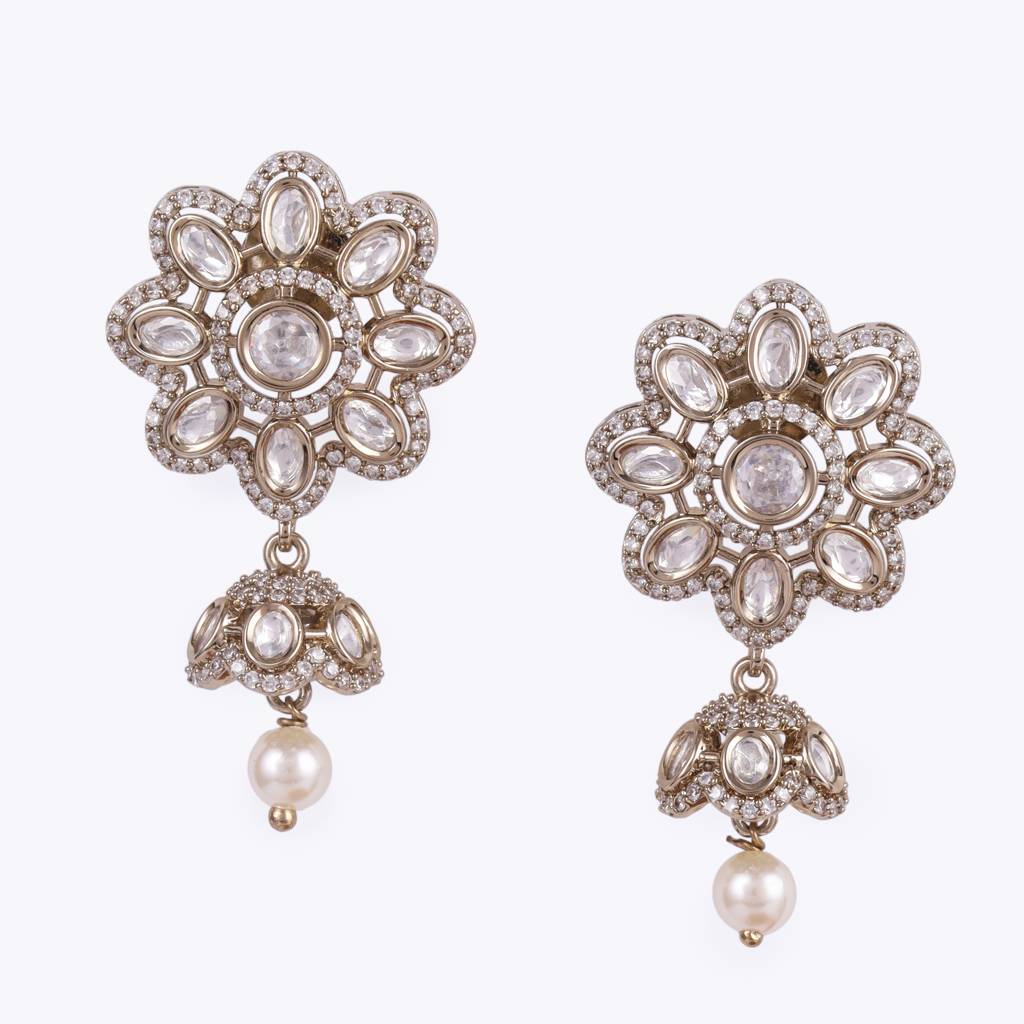 Classy Flower Design Gold Plated Dangle Earring For Women And Girls : 15JE43-White