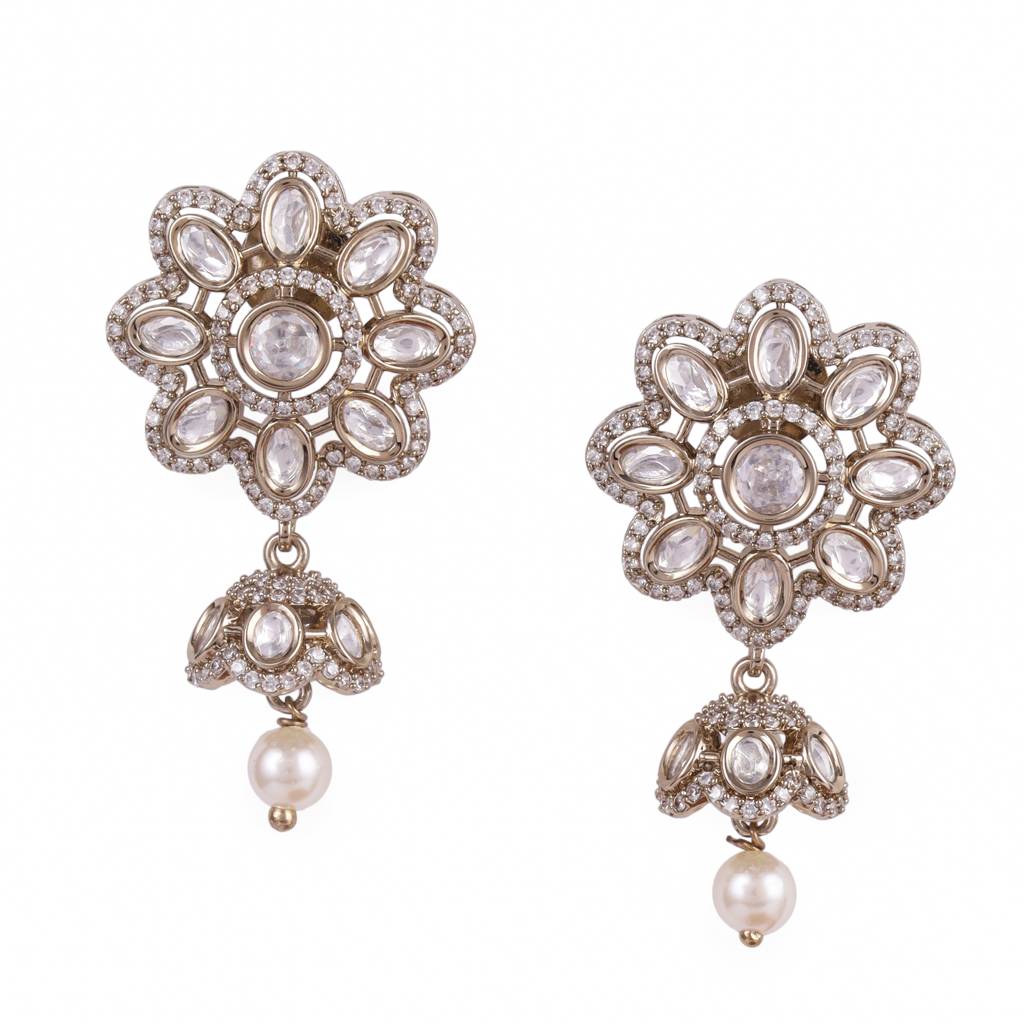 Classy Flower Design Gold Plated Dangle Earring For Women And Girls : 15JE43-White