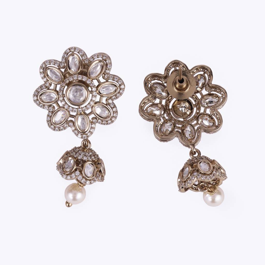 Classy Flower Design Gold Plated Dangle Earring For Women And Girls : 15JE43-White