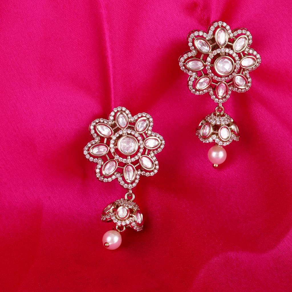 Classy Flower Design Gold Plated Dangle Earring For Women And Girls : 15JE43-White
