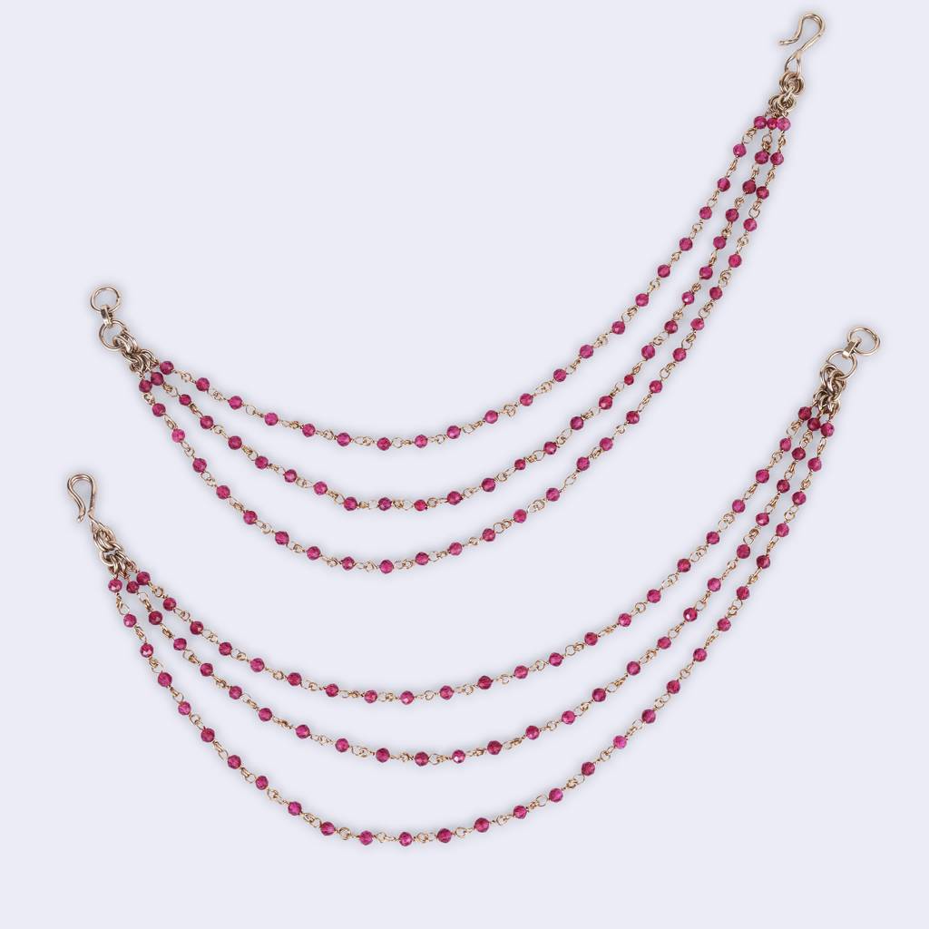 Lovely 3 String Long Chain Red Bead Gold Plated Set Of 2 Ear-Chain(Kaanchain) For Women : 15KC117-R