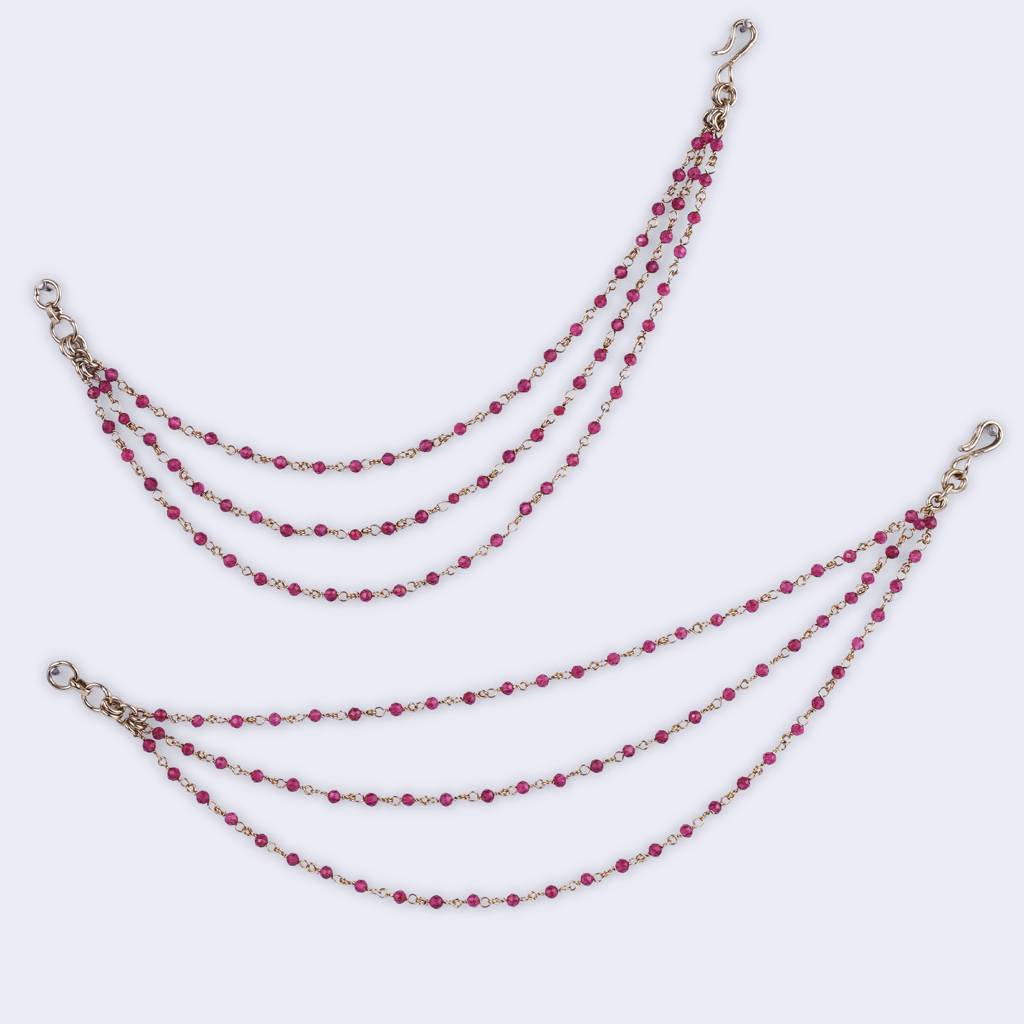 Lovely 3 String Long Chain Red Bead Gold Plated Set Of 2 Ear-Chain(Kaanchain) For Women : 15KC117-R