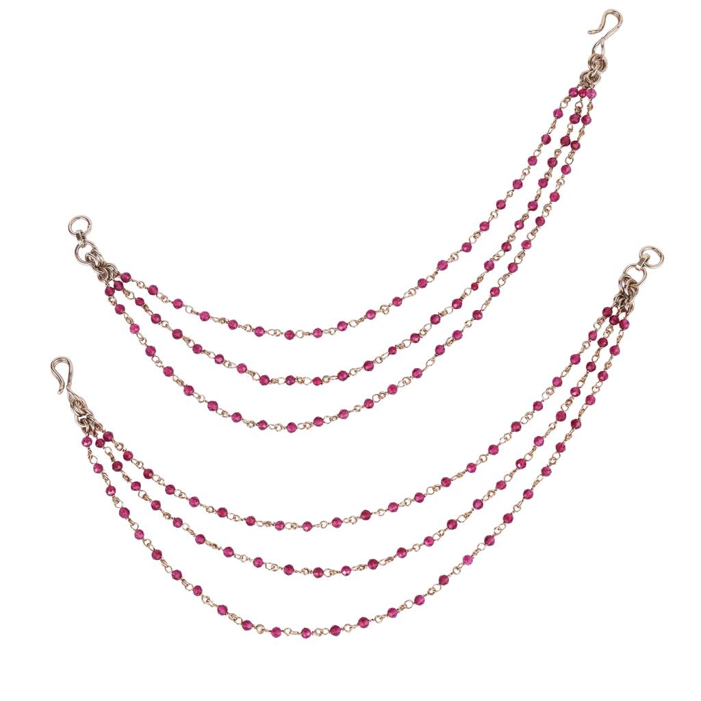Lovely 3 String Long Chain Red Bead Gold Plated Set Of 2 Ear-Chain(Kaanchain) For Women : 15KC117-R