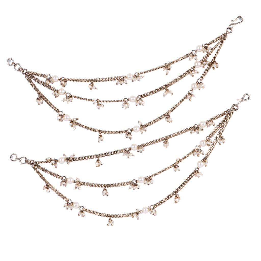 Traditional Stylish 3 String Long Chain Gold Plated Combo Set Of 2 Pearl Ear-Chain(Kaanchain) For Women : 15KC132_15KC86