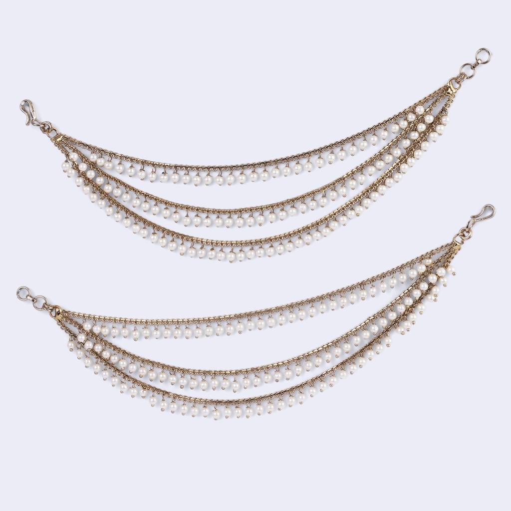 Splendid 3 String Long Chain Gold Plated Set Of 2 Pearl Ear-Chain(Kaanchain) For Women : 15KC175