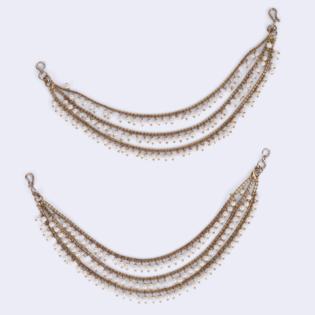 Splendid 3 String Long Chain Gold Plated Set Of 2 Pearl Ear-Chain(Kaanchain) For Women : 15KC175