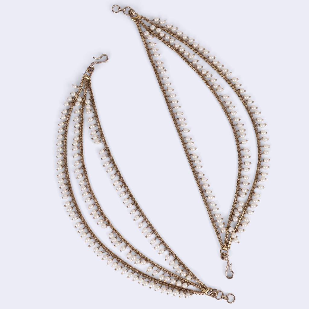 Splendid 3 String Long Chain Gold Plated Set Of 2 Pearl Ear-Chain(Kaanchain) For Women : 15KC175