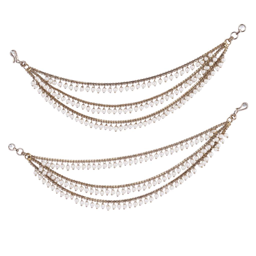 Splendid 3 String Long Chain Gold Plated Set Of 2 Pearl Ear-Chain(Kaanchain) For Women : 15KC175
