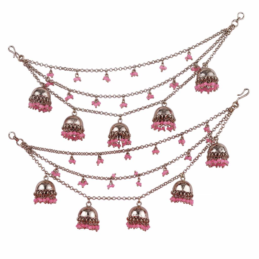Fancy Latkan Jhumki Pink Pearl 3 String Antique Gold Plated Set Of 2 Brass Ear-Chain (Kaanchain) For Women And Girls : 15KC56
