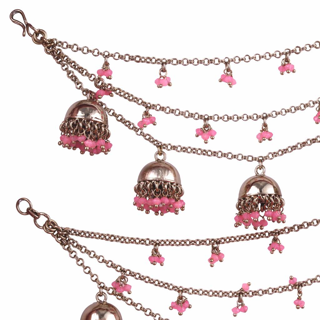 Fancy Latkan Jhumki Pink Pearl 3 String Antique Gold Plated Set Of 2 Brass Ear-Chain (Kaanchain) For Women And Girls : 15KC56