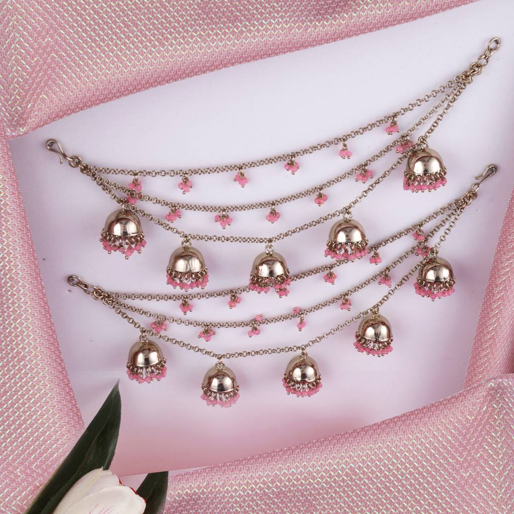 Fancy Latkan Jhumki Pink Pearl 3 String Antique Gold Plated Set Of 2 Brass Ear-Chain (Kaanchain) For Women And Girls : 15KC56