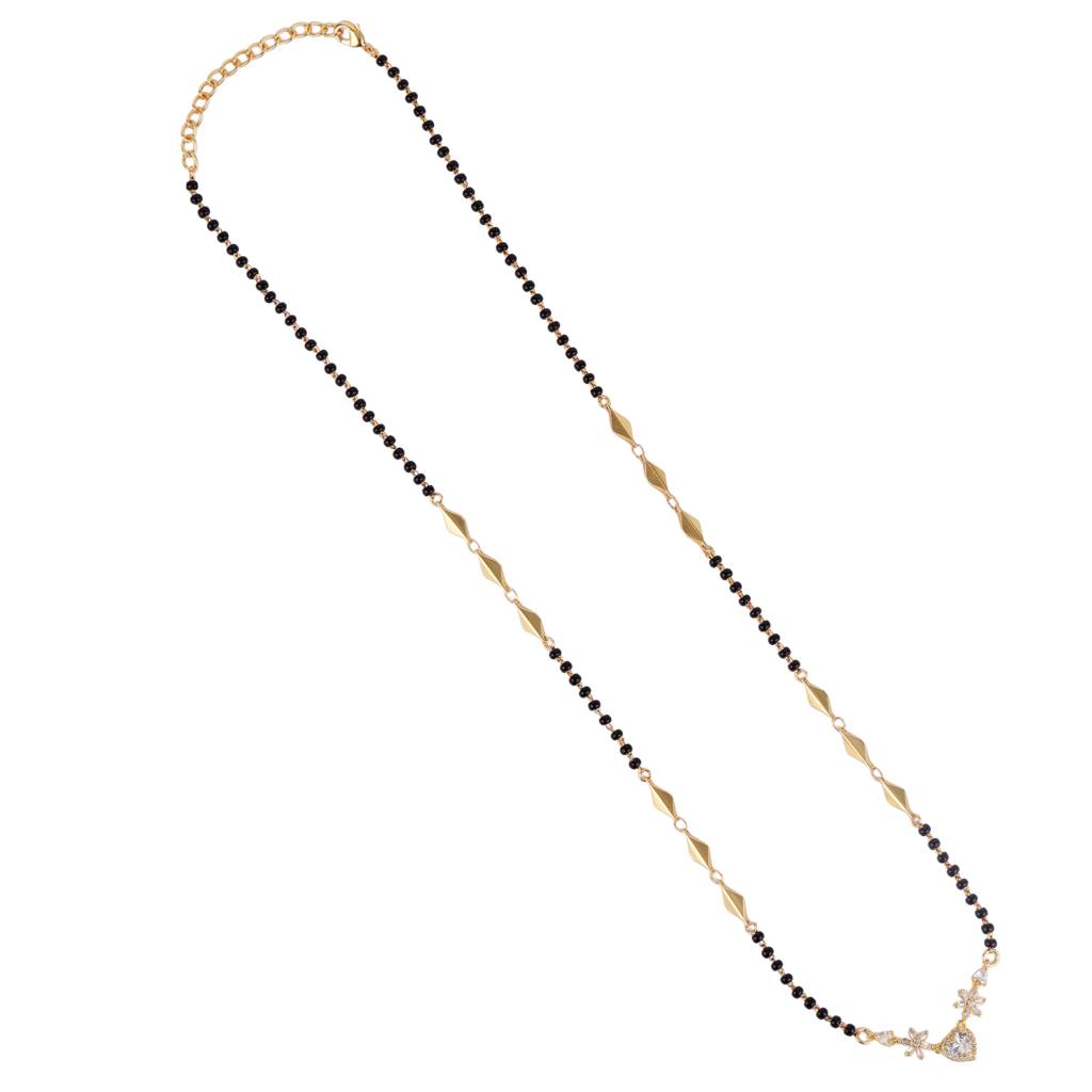 Traditional Modern Flower And Heart Shape Gold Plated Black Beaded Adjustable Chain Mangalsutra For Women : 15MS104