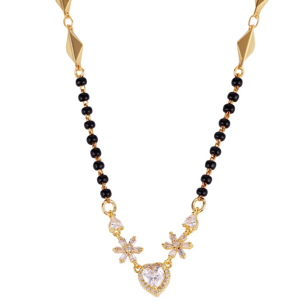 Traditional Modern Flower And Heart Shape Gold Plated Black Beaded Adjustable Chain Mangalsutra For Women : 15MS104