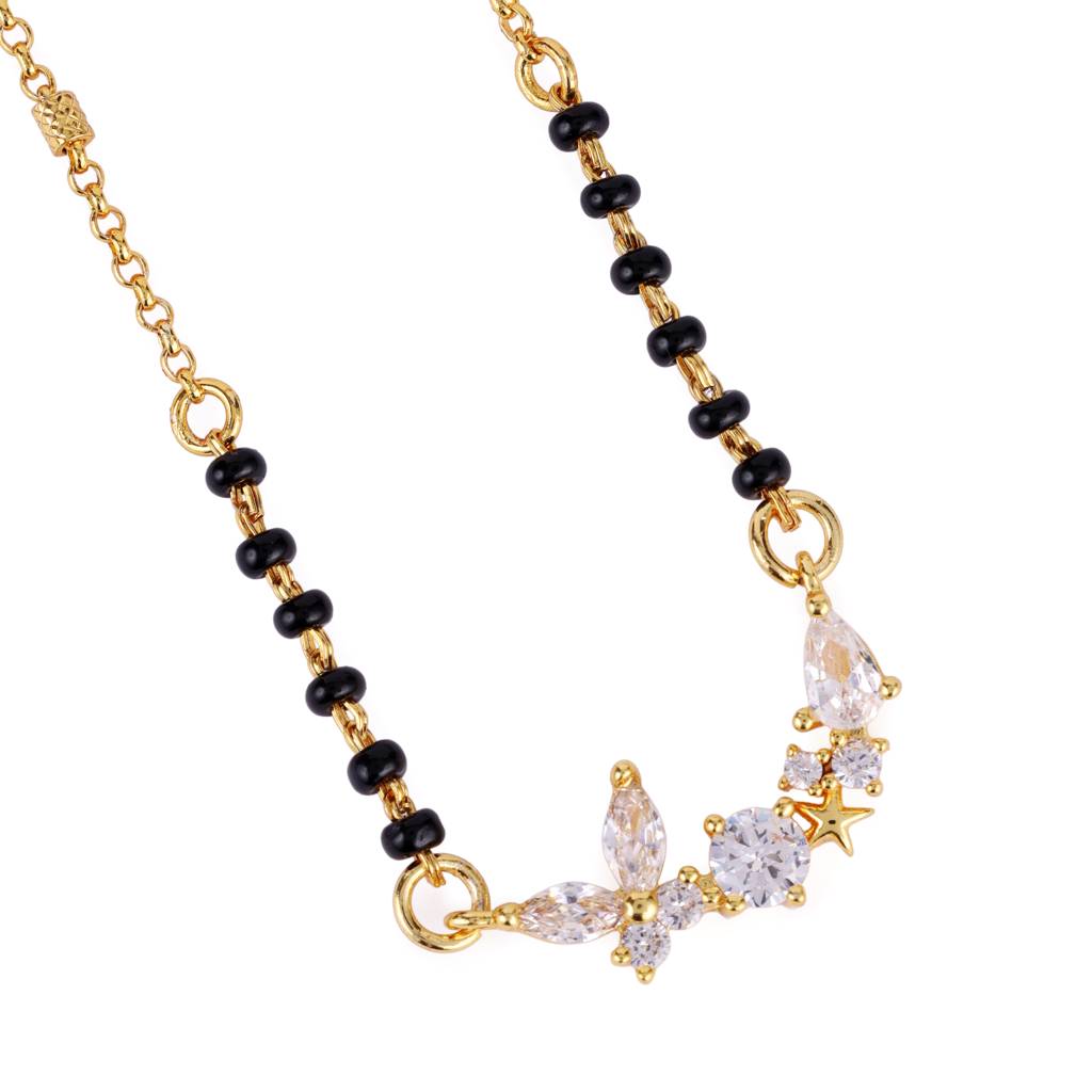 Traditional Splendid Flower Design Gold Plated Black Beaded Adjustable Chain Mangalsutra For Women : 15MS105