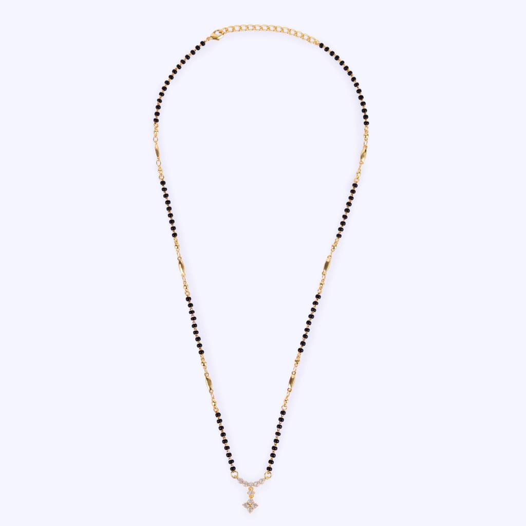 Traditional Lovely Cz Studded Flower Design Gold Plated Black Beaded Adjustable Chain Mangalsutra For Women : 15MS107