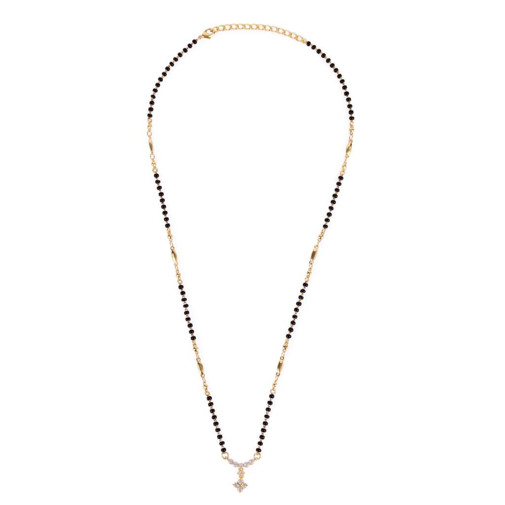 Traditional Lovely Cz Studded Flower Design Gold Plated Black Beaded Adjustable Chain Mangalsutra For Women : 15MS107
