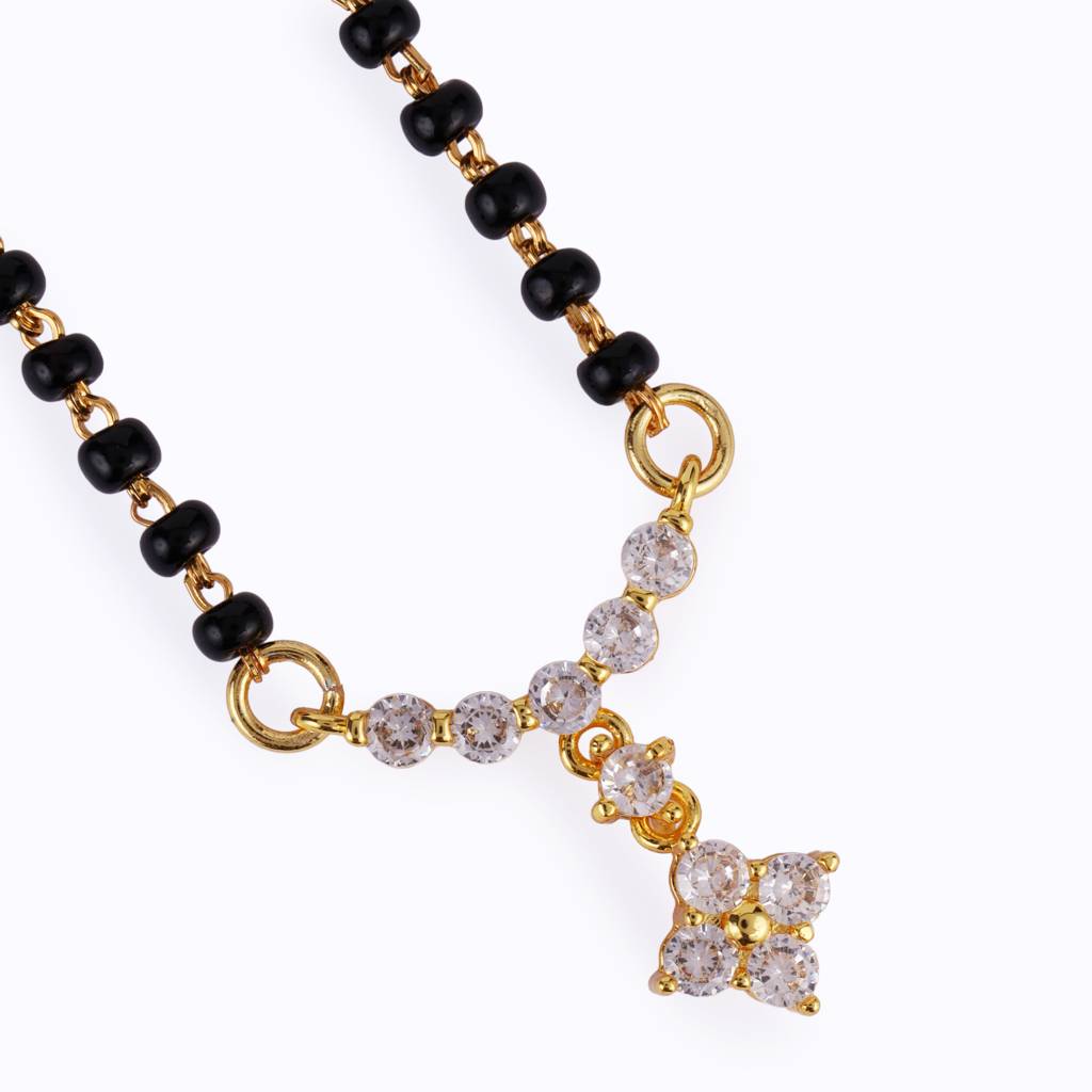 Traditional Lovely Cz Studded Flower Design Gold Plated Black Beaded Adjustable Chain Mangalsutra For Women : 15MS107