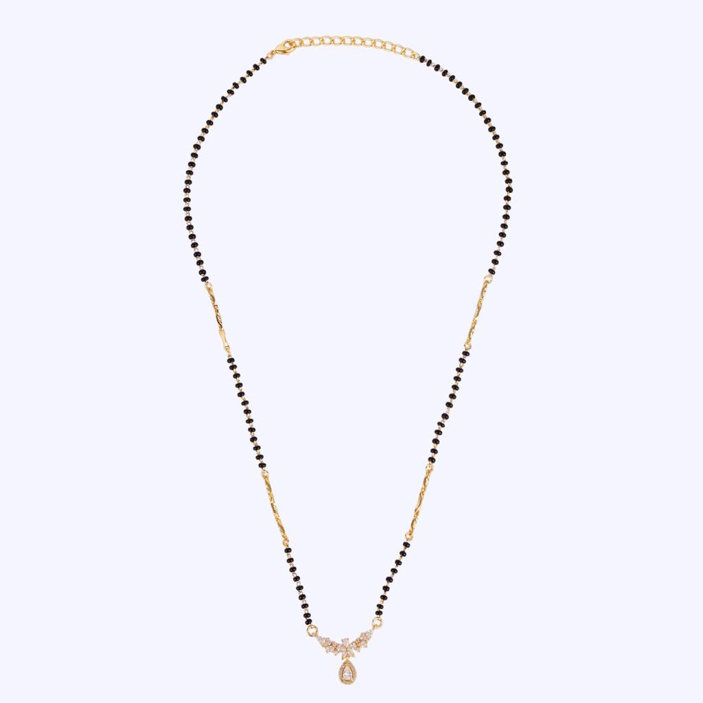Traditional Graceful Oval And Flower Design Gold Plated Black Beaded Adjustable Chain Mangalsutra For Women : 15MS111