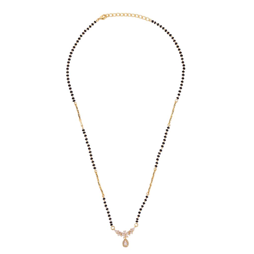 Traditional Graceful Oval And Flower Design Gold Plated Black Beaded Adjustable Chain Mangalsutra For Women : 15MS111