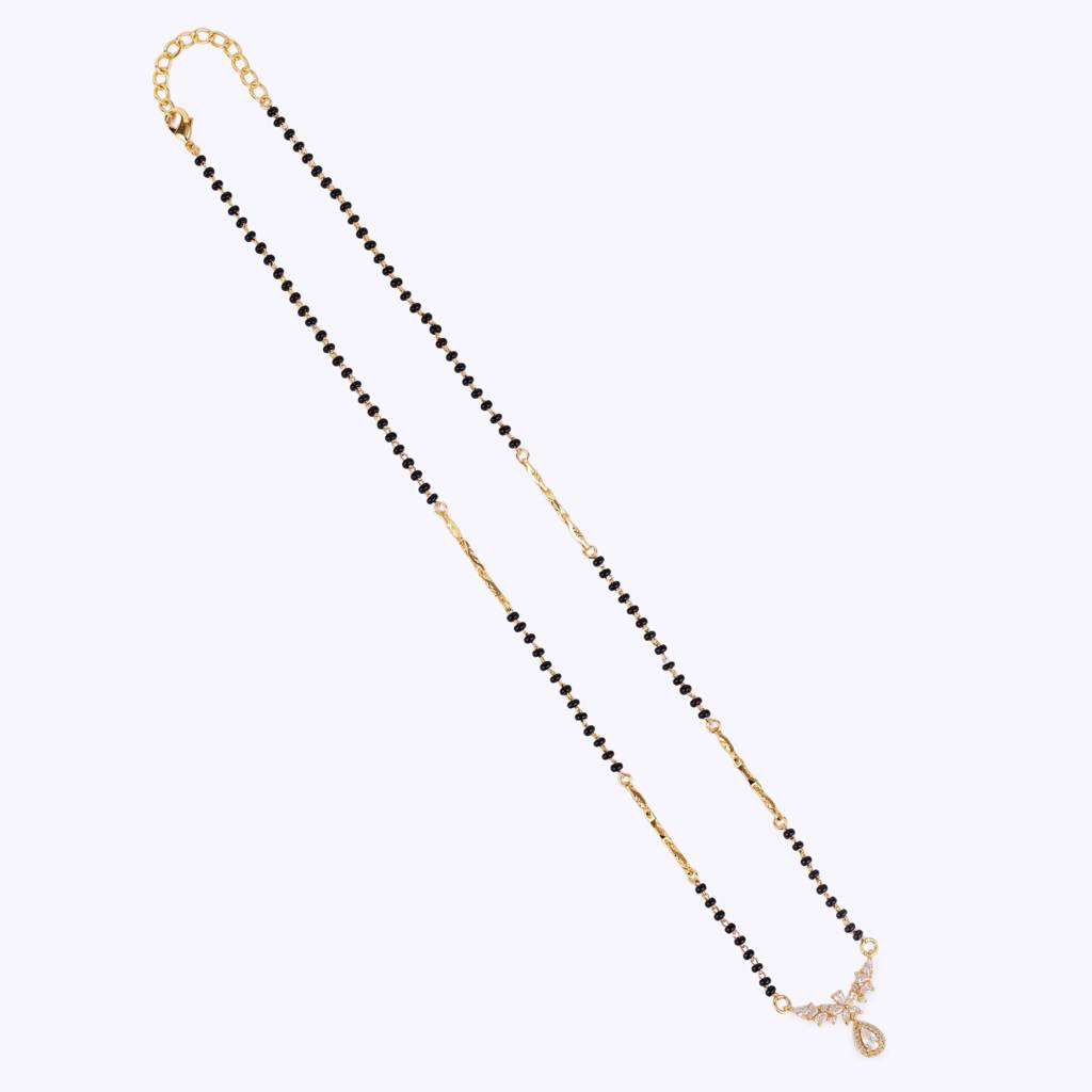 Traditional Graceful Oval And Flower Design Gold Plated Black Beaded Adjustable Chain Mangalsutra For Women : 15MS111