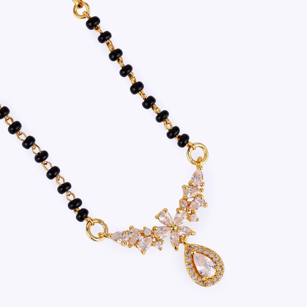 Traditional Graceful Oval And Flower Design Gold Plated Black Beaded Adjustable Chain Mangalsutra For Women : 15MS111