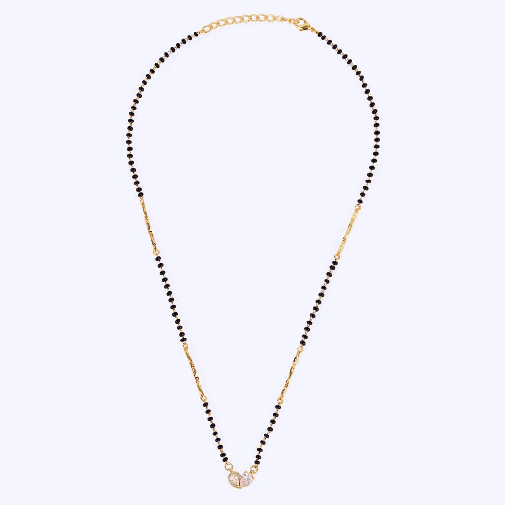 Traditional Modern Cz Studded Oval Shape Gold Plated Black Beaded Adjustable Chain Mangalsutra For Women : 15MS112