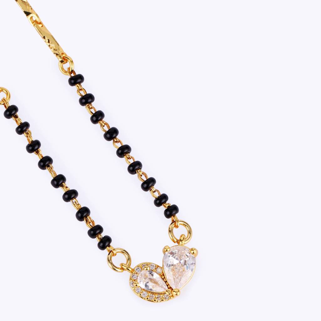 Traditional Modern Cz Studded Oval Shape Gold Plated Black Beaded Adjustable Chain Mangalsutra For Women : 15MS112