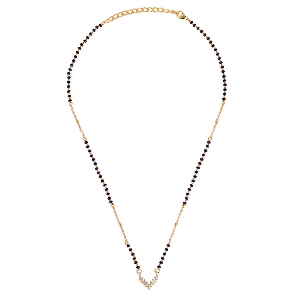Traditional Splendid "V" Shape Gold Plated Black Beaded Adjustable Chain Mangalsutra For Women : 15MS113