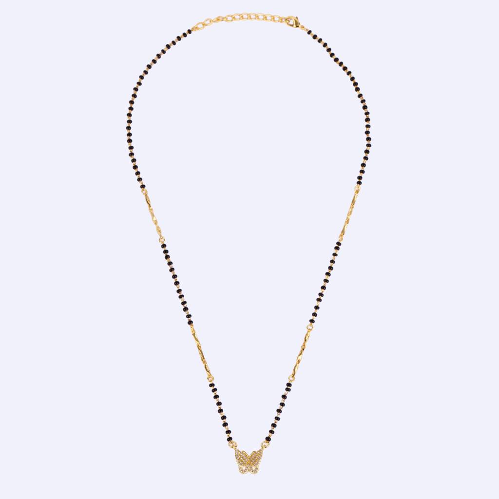 Traditional Modish Butterfly Design Gold Plated Black Beaded Adjustable Chain Mangalsutra For Women : 15MS116