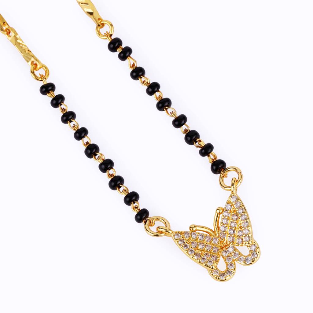 Traditional Modish Butterfly Design Gold Plated Black Beaded Adjustable Chain Mangalsutra For Women : 15MS116