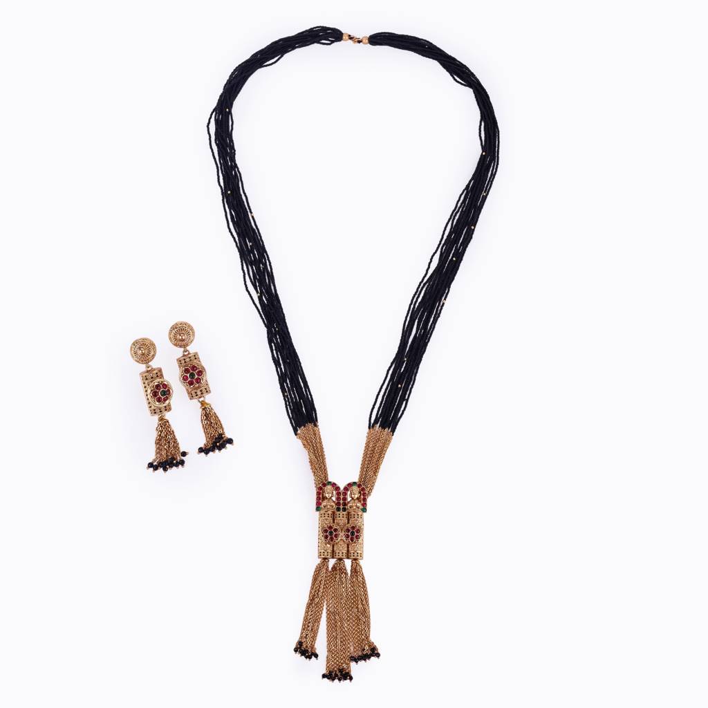 Traditional Temple And Flower Design Black Bead Gold Plated Long Bead Chain Mangalsutra Set For Women : 15MS34