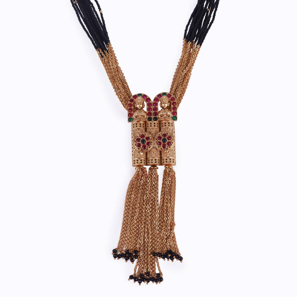Traditional Temple And Flower Design Black Bead Gold Plated Long Bead Chain Mangalsutra Set For Women : 15MS34