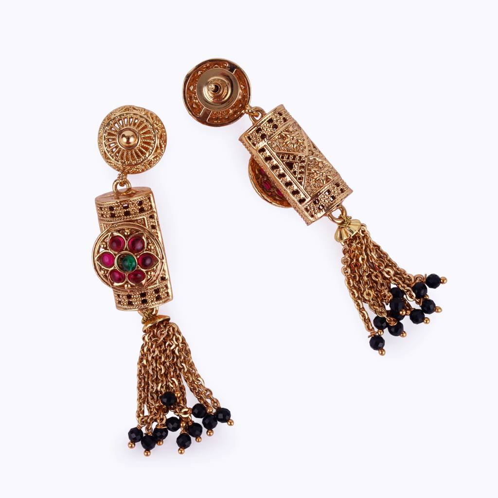 Traditional Temple And Flower Design Black Bead Gold Plated Long Bead Chain Mangalsutra Set For Women : 15MS34