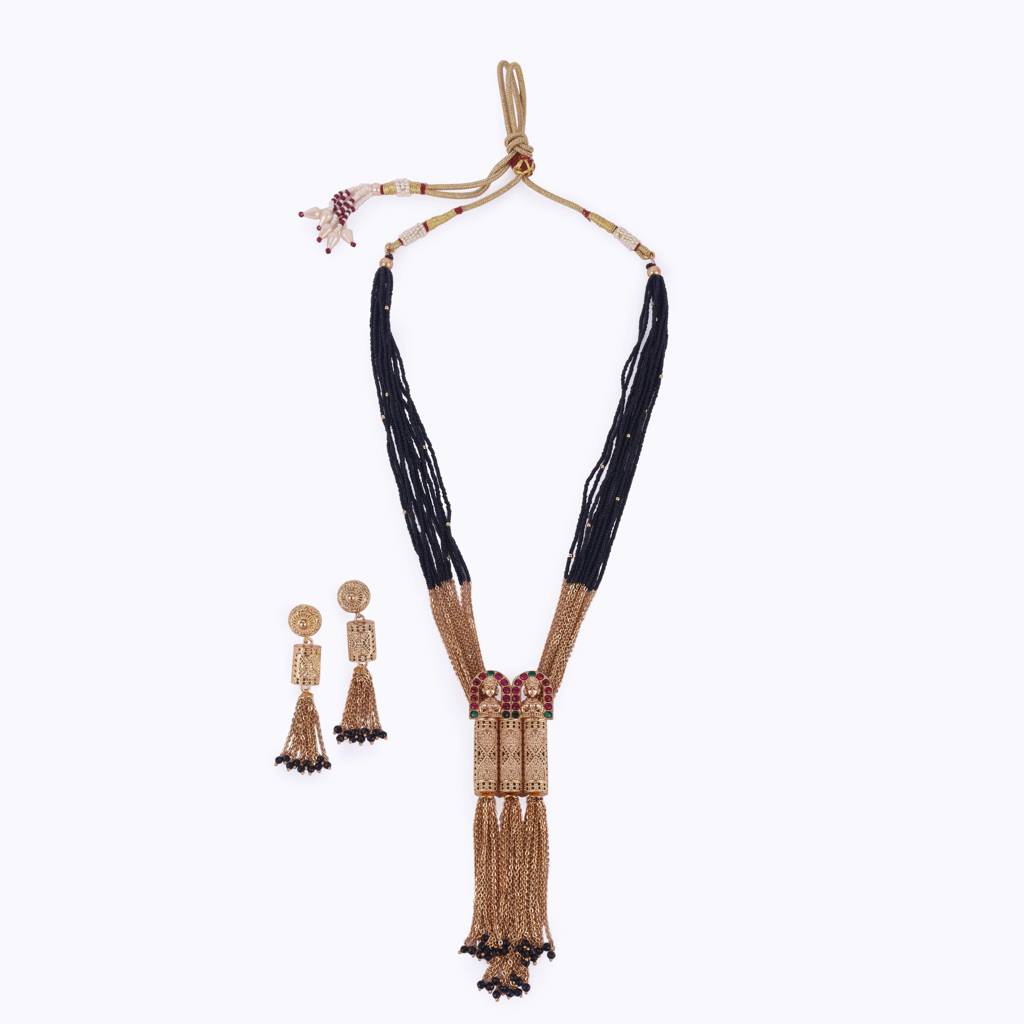 Traditional Temple Chain Lariat Black Bead Gold Plated Long Bead Chain Mangalsutra Set For Women : 15MS35