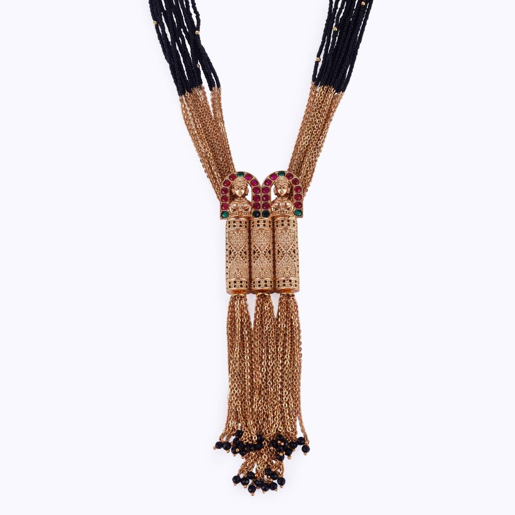 Traditional Temple Chain Lariat Black Bead Gold Plated Long Bead Chain Mangalsutra Set For Women : 15MS35