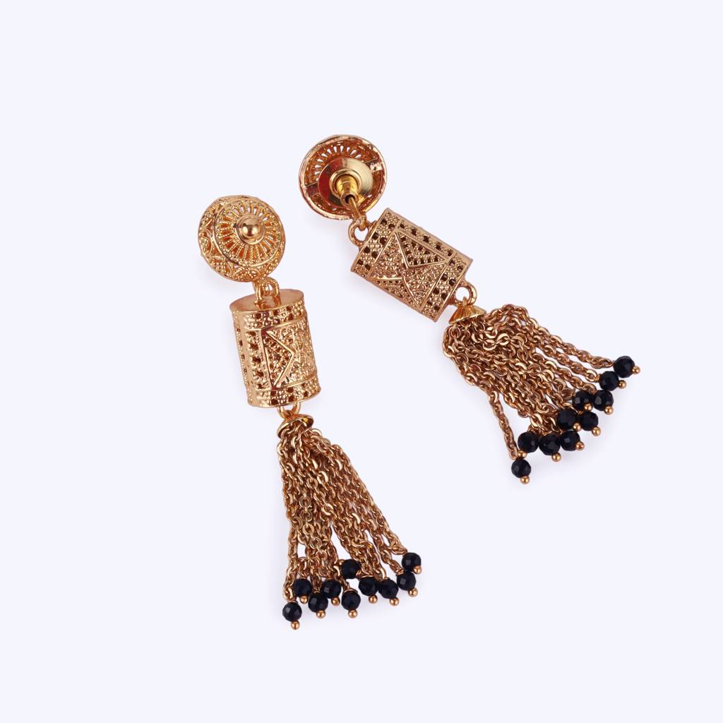 Traditional Temple Chain Lariat Black Bead Gold Plated Long Bead Chain Mangalsutra Set For Women : 15MS35