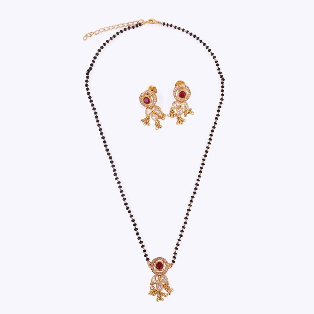 Traditional Round And Leaf Design Black Bead Gold Plated Dangle Mangalsutra Set For Women : 15MS71
