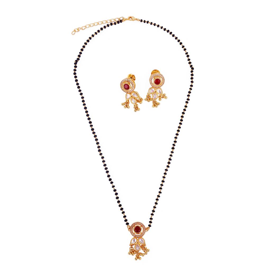 Traditional Round And Leaf Design Black Bead Gold Plated Dangle Mangalsutra Set For Women : 15MS71