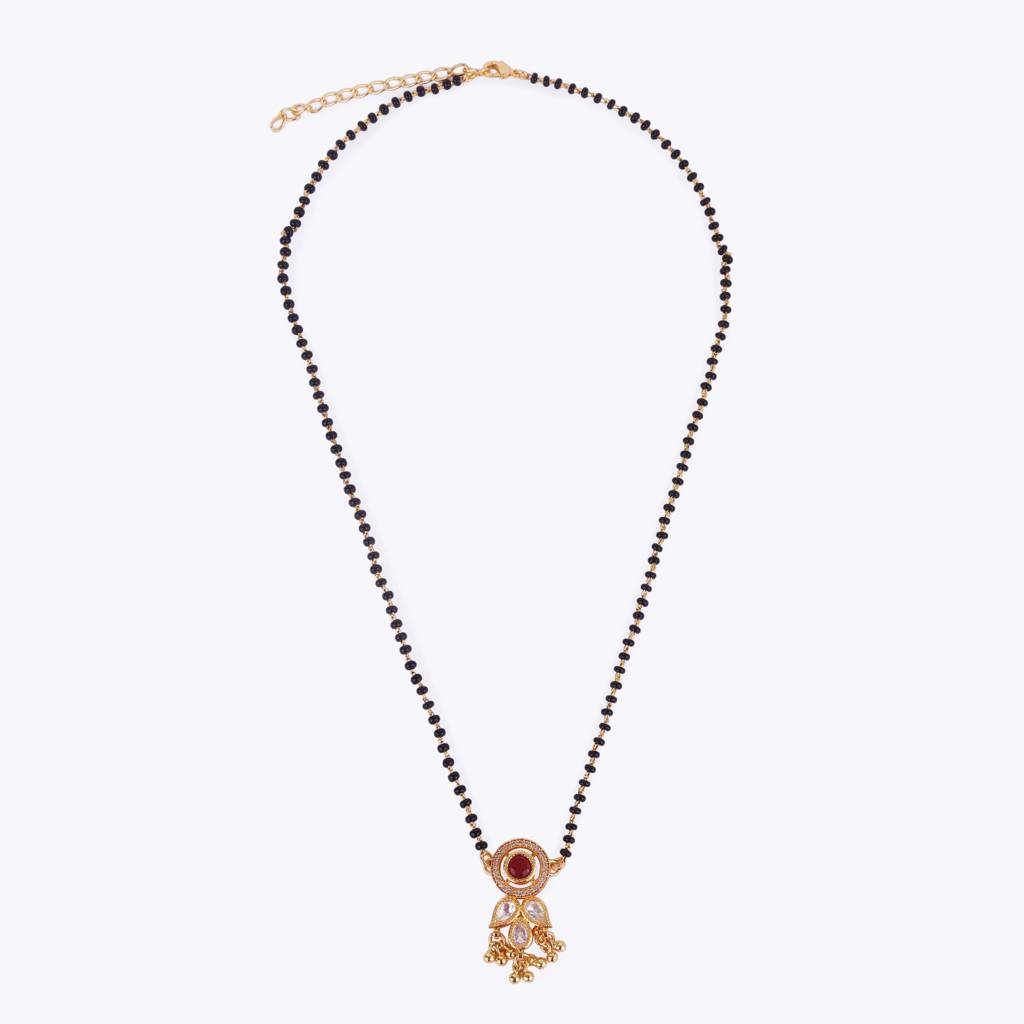 Traditional Round And Leaf Design Black Bead Gold Plated Dangle Mangalsutra Set For Women : 15MS71