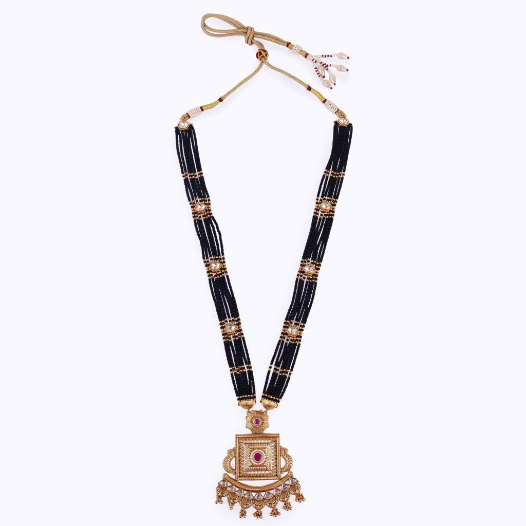 Traditional Flower And Square Shape Black Bead Gold Plated Long Bead Chain Mangalsutra For Women : 15MS77