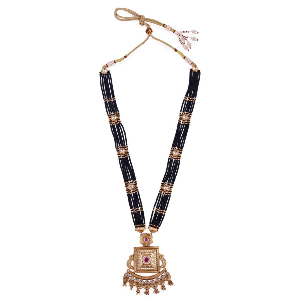 Traditional Flower And Square Shape Black Bead Gold Plated Long Bead Chain Mangalsutra For Women : 15MS77