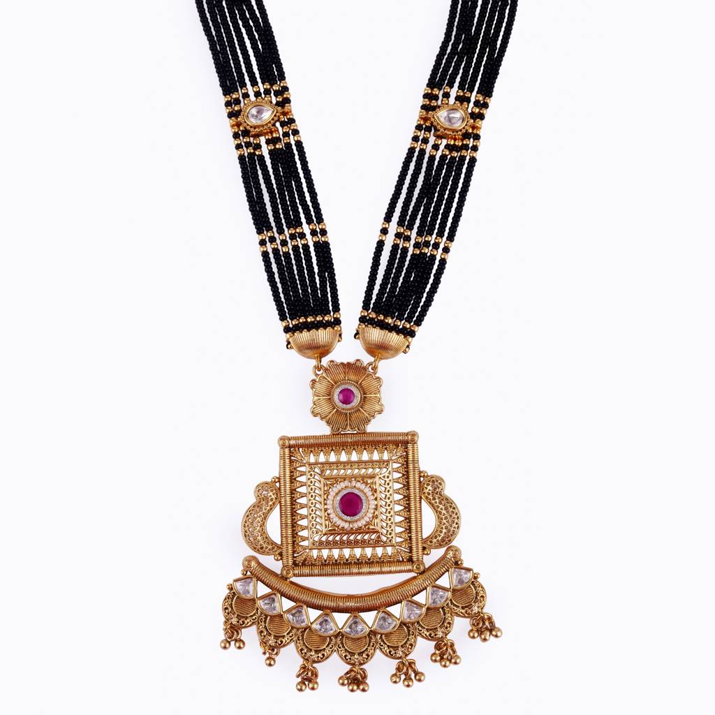 Traditional Flower And Square Shape Black Bead Gold Plated Long Bead Chain Mangalsutra For Women : 15MS77