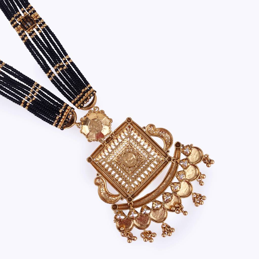 Traditional Flower And Square Shape Black Bead Gold Plated Long Bead Chain Mangalsutra For Women : 15MS77
